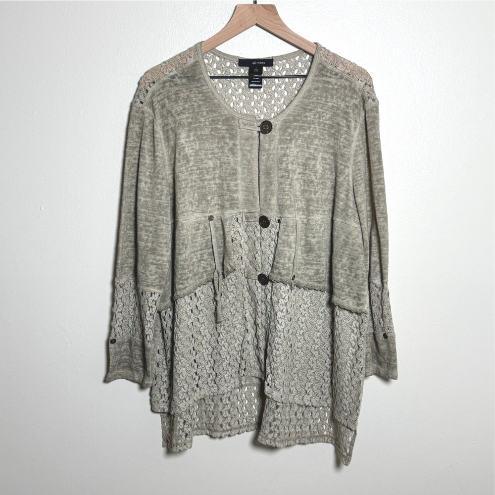 Ali Miles Mixed Media Cardigan Sweater L Sage Green Crochet Lace‎ Lagenlook Boho